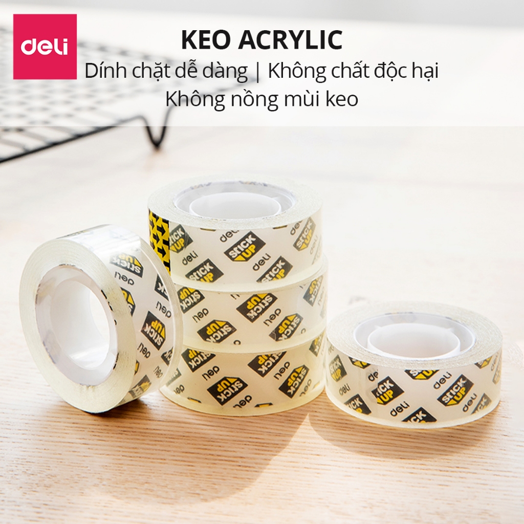 Băng dính trong suốt 1cây 12cuộn Deli - Băng keo đa năng cho văn phòng học sinh không mùi không hóa chất độc hại E30014