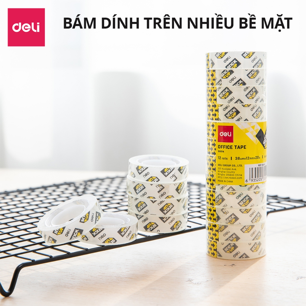Băng dính trong suốt 1cây 12cuộn Deli - Băng keo đa năng cho văn phòng học sinh không mùi không hóa chất độc hại E30014