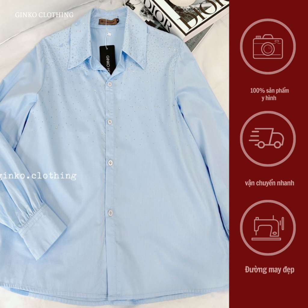 GINKO CLOTHING_Sơ Mi Đính Đá Phong Cách Hàn Quốc Thời Trang Thanh Lịch, Chất Liệu Thô Cotton Cao Cấp_SM2404