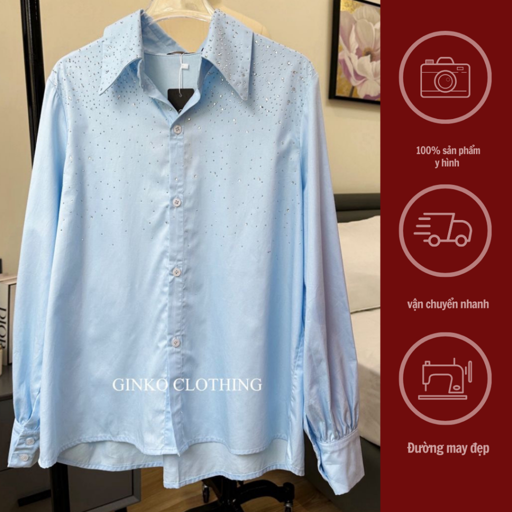 GINKO CLOTHING_Sơ Mi Đính Đá Phong Cách Hàn Quốc Thời Trang Thanh Lịch, Chất Liệu Thô Cotton Cao Cấp_SM2404