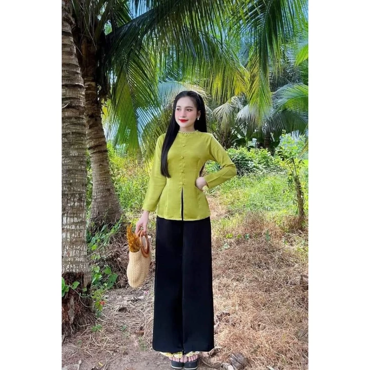 Lẻ áo bà ba nút ngọc bọc cổ xẻ tà sang trọng quý phái, áo bà ba phong cách hiện đại