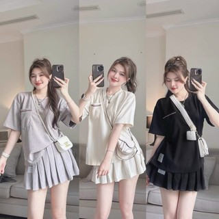 Set váy thời trang nữ mặc đi chơi chất thun tici xịn cổ tròn tay ngắn phối túi váy ngắn xếp ly tiểu thư nhẹ nhàng
