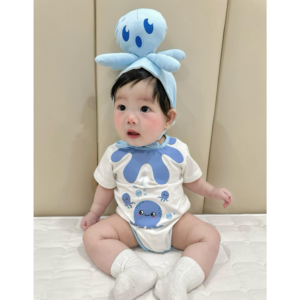 (HÀNG CÓ SẴN )Set bộ bodysuit Bạch Tuộc kèm mũ và tất trắng cho em bé Hàn Quốc 5-13kg dễ thương cute Cho Bé