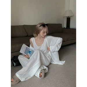 Đơn Giản Muối Cổ Phù Hợp Với Nữ Mùa Xuân 2024 Mới Thoải Mái Áo Chống Nắng Cardigan Ống Rộng Quần 3 bộ