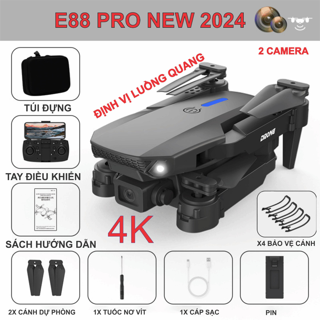 Flycam E88 PRO 2024 NEW 2CAMERA +CẢM BIỀN QUANG HỌC GIỮ VỊ TRÍ | Shopee ...