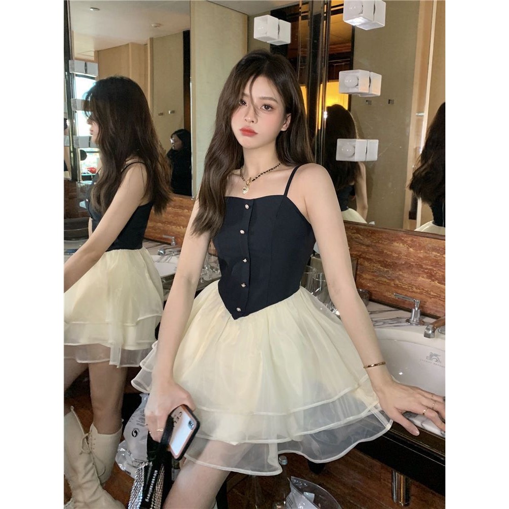 Váy đầm 2 dây mùa hè thiết kế cúp ngực đính cúc dáng ngắn, đầm công chúa dự tiệc tiểu thư MT33 SP141