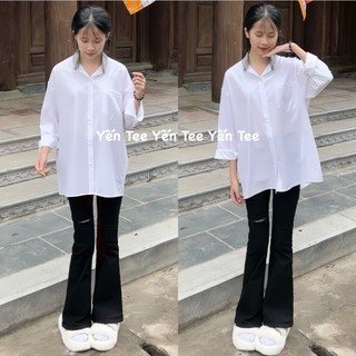 Áo sơ mi trắng dài tay phối cổ kẻ caro Yến Tee Shop chất mát đi học #019