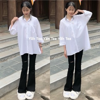 Áo sơ mi trắng dài tay phối cổ kẻ caro Yến Tee Shop chất mát đi học #019