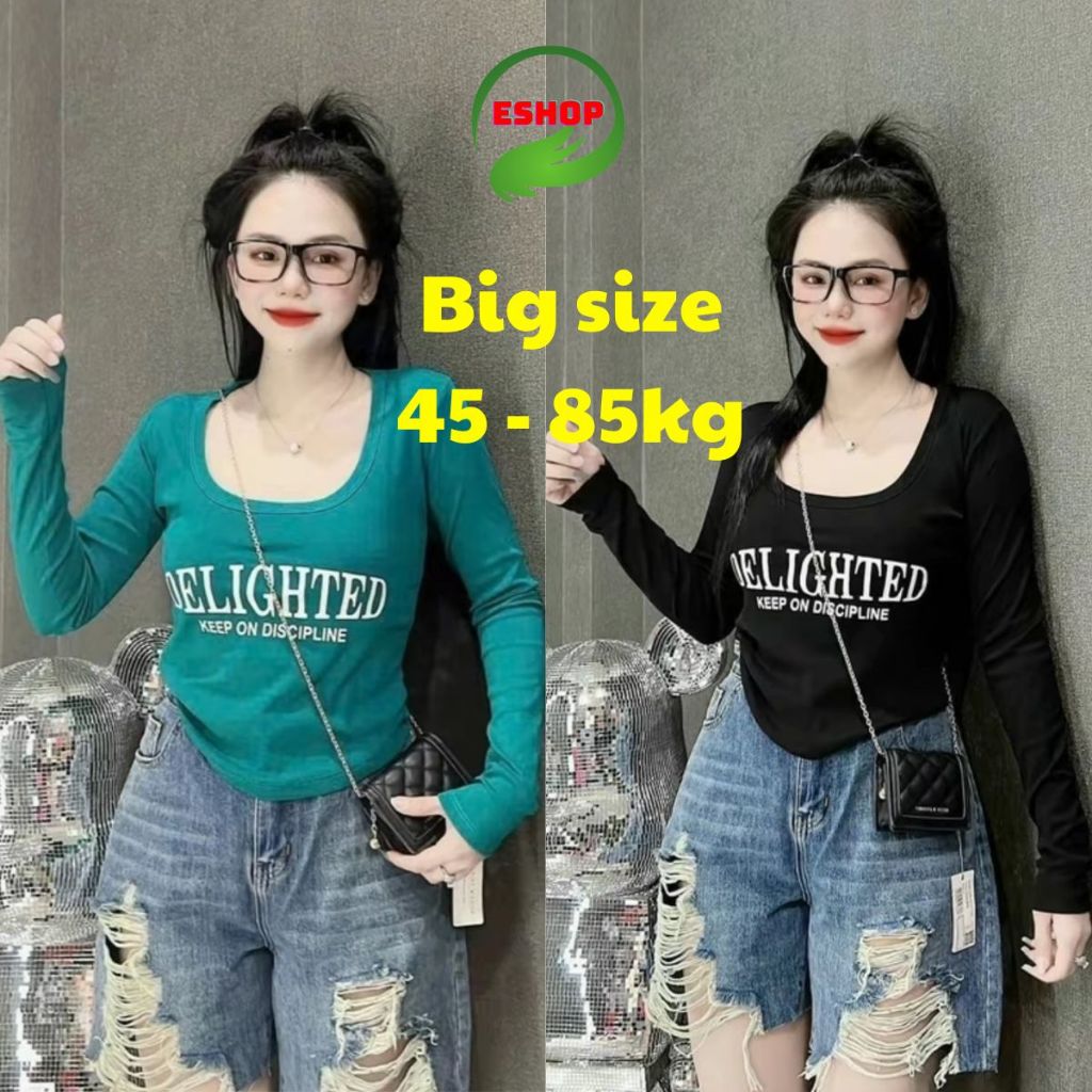 Áo Thun Nữ Bigsize Tay Dài 40-85kg Cổ Vuông Thun Gân Tăm Lạnh Co Giãn Mặc Mát Đi Biển ESHOP MS068