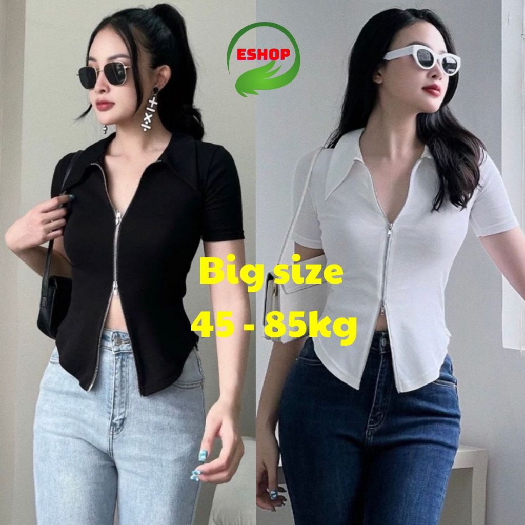 Áo Kiểu Nữ Bigsize Cổ Polo Khóa Kéo 2 Đầu ESHOP Áo Kiểu Nữ Tay Ngắn Vải Thun Borip Xịn Co Giãn MS006