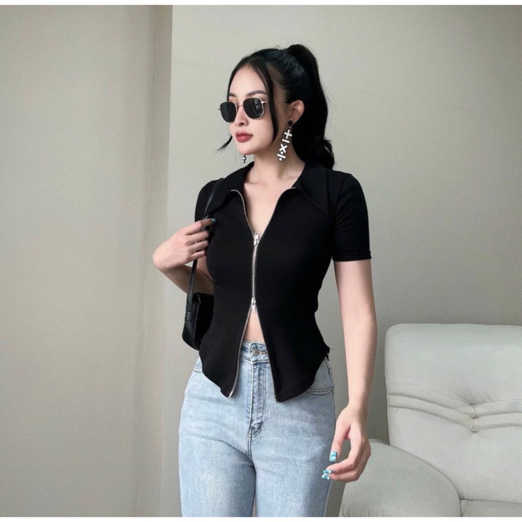 Áo Kiểu Nữ Bigsize Cổ Polo Khóa Kéo 2 Đầu ESHOP Áo Kiểu Nữ Tay Ngắn Vải Thun Borip Xịn Co Giãn MS006