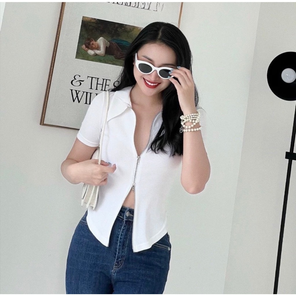 Áo Kiểu Nữ Bigsize Cổ Polo Khóa Kéo 2 Đầu ESHOP Áo Kiểu Nữ Tay Ngắn Vải Thun Borip Xịn Co Giãn MS006