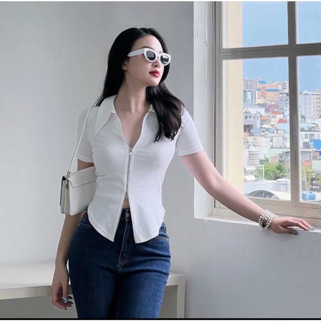 Áo Kiểu Nữ Bigsize Cổ Polo Khóa Kéo 2 Đầu ESHOP Áo Kiểu Nữ Tay Ngắn Vải Thun Borip Xịn Co Giãn MS006