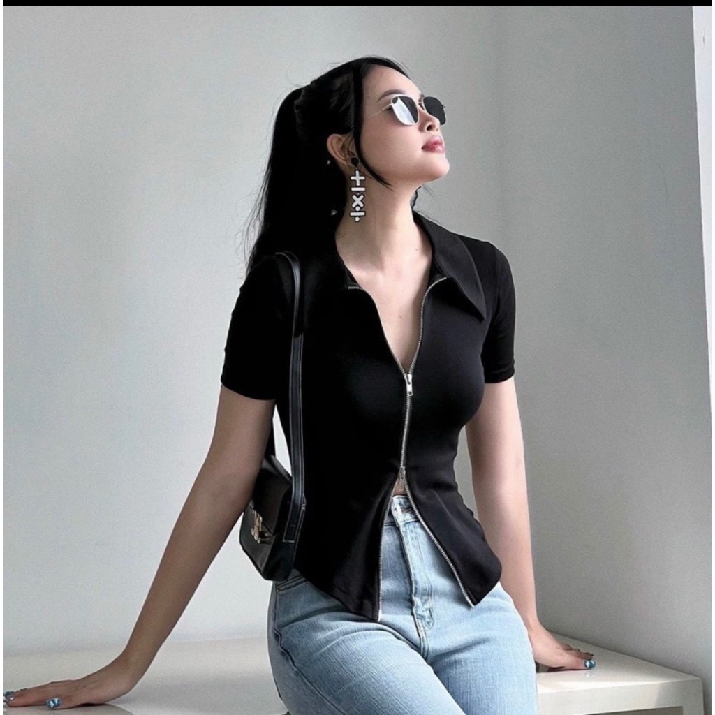 Áo Kiểu Nữ Bigsize Cổ Polo Khóa Kéo 2 Đầu ESHOP Áo Kiểu Nữ Tay Ngắn Vải Thun Borip Xịn Co Giãn MS006
