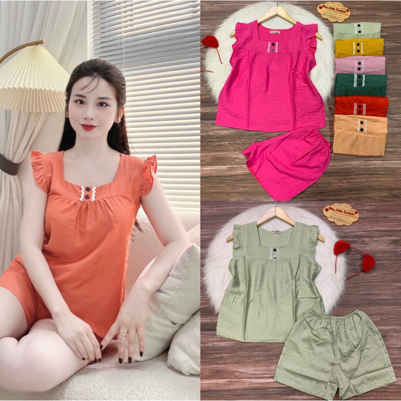 Đồ bộ mặc nhà dây bím vải đũi dễ thương phom dưới 50kg - B24