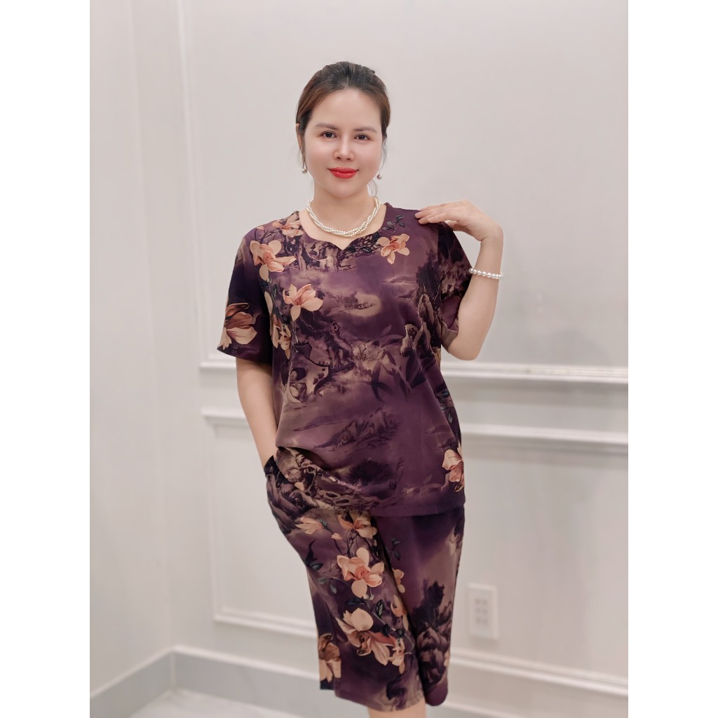 Đồ bộ trung niên áo tay ngắn cổ V,phối quần lửng, lụa mango cao cấp Women ( Cổ V   ) HAN.T SHOP