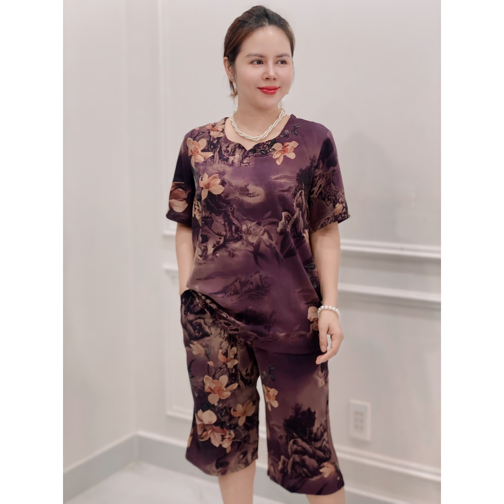 Đồ bộ trung niên áo tay ngắn cổ V,phối quần lửng, lụa mango cao cấp Women ( Cổ V   ) HAN.T SHOP