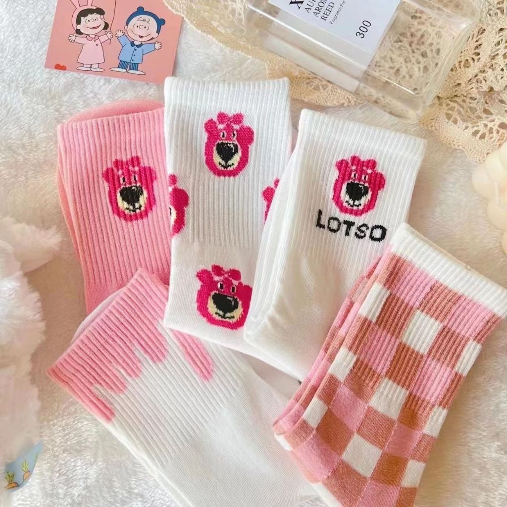 Vớ Tất Gấu Dâu, Hoạt Hình Dễ Thương, Cotton Cao Cổ, Đến Bắp Chân Cho Nữ, Trẻ Trung, Dày Dặn