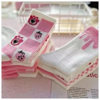 Vớ Tất Gấu Dâu, Hoạt Hình Dễ Thương, Cotton Cao Cổ, Đến Bắp Chân Cho Nữ, Trẻ Trung, Dày Dặn