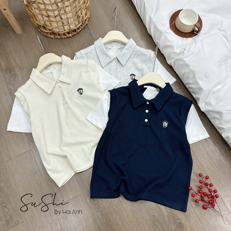 Áo polo thêu gấu thuỷ thủ phối tay hàng quảng châu phuonganh18