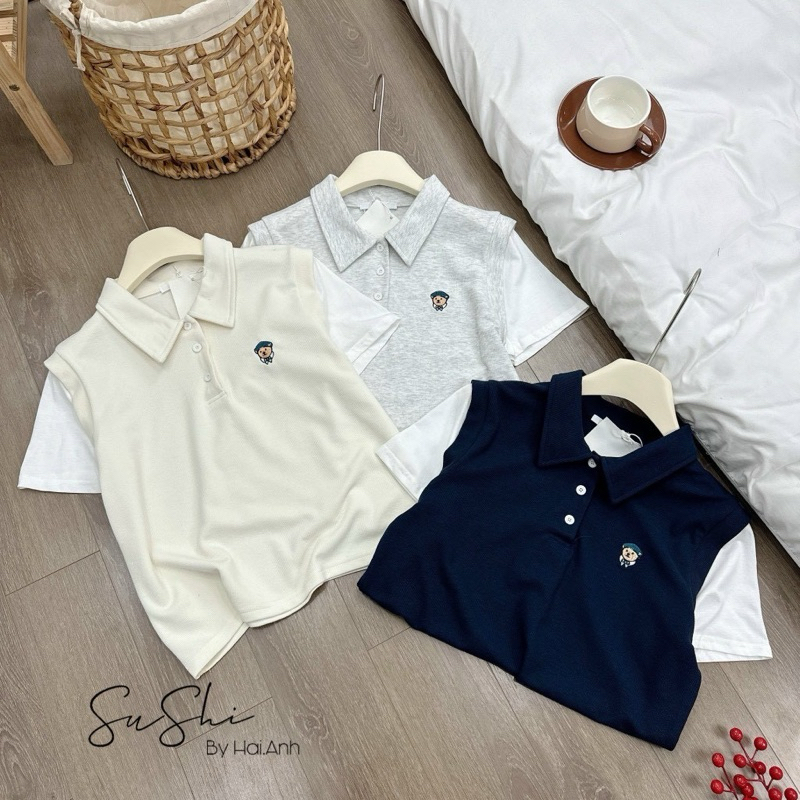 Áo polo thêu gấu thuỷ thủ phối tay hàng quảng châu phuonganh18