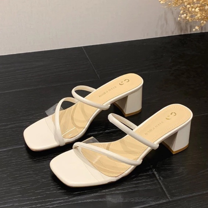 Sandal nữ  gót vuông 5 phân , Guốc cao gót nữ quai thanh mảnh trong suốt  mã H9