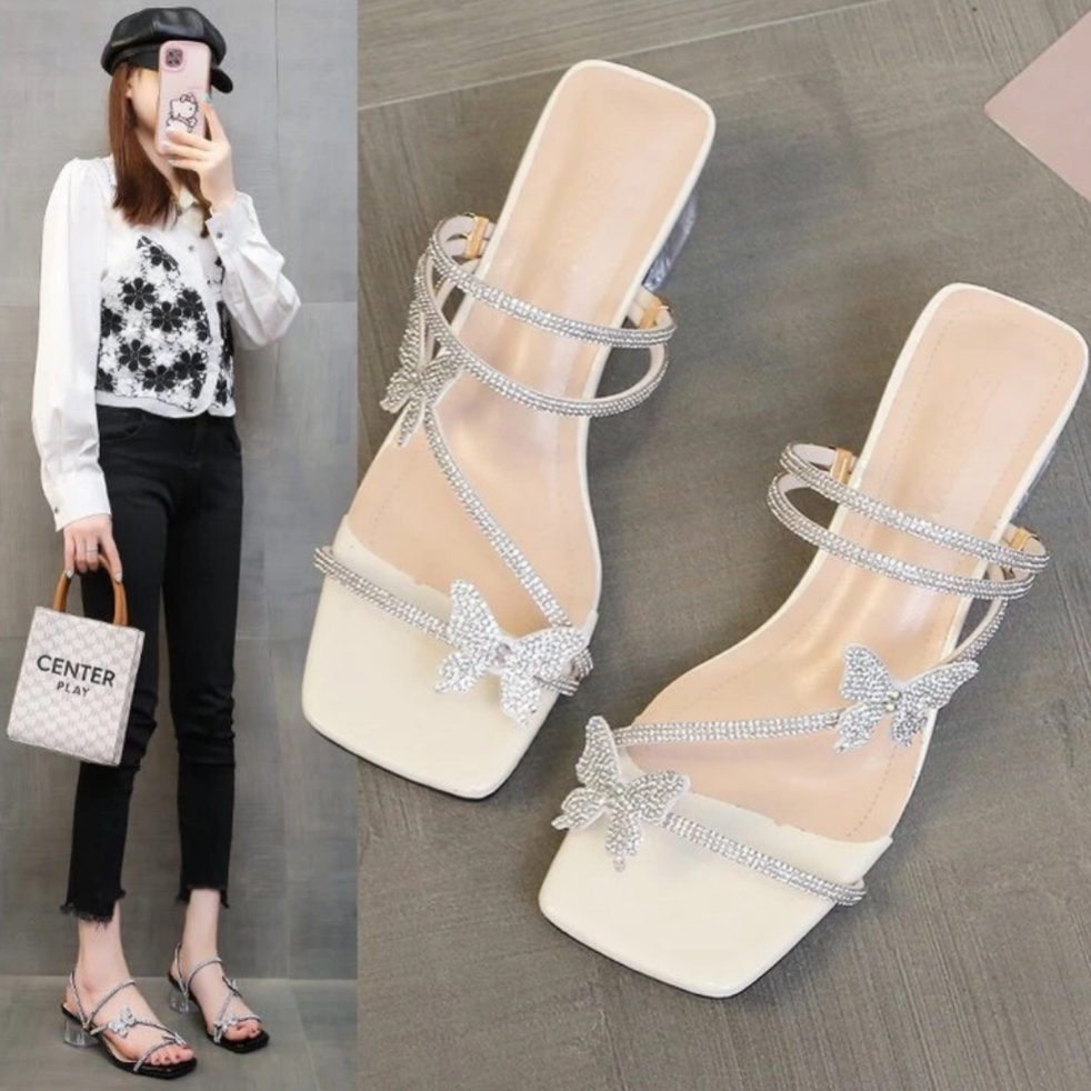 Dép cao gót nơ bướm, guốc cao gót  3 phân dây đá cực xinh mã H6