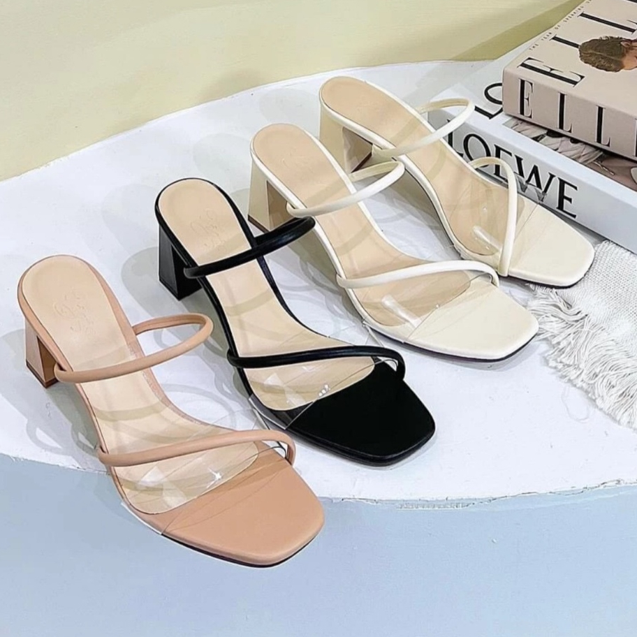 Sandal nữ  gót vuông 5 phân , Guốc cao gót nữ quai thanh mảnh trong suốt  mã H9