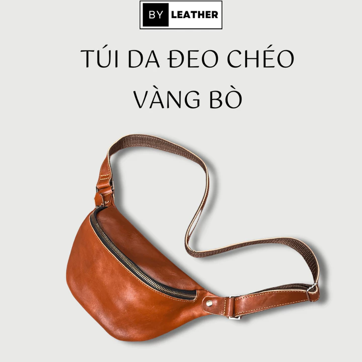 Túi đeo chéo Nam Nữ - Túi Bao tử da bò màu vàng bò NHẬP KHẨU CAO CẤP BY LEATHER