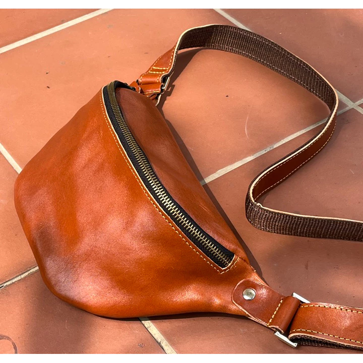 Túi đeo chéo Nam Nữ - Túi Bao tử da bò màu vàng bò NHẬP KHẨU CAO CẤP BY LEATHER – 5