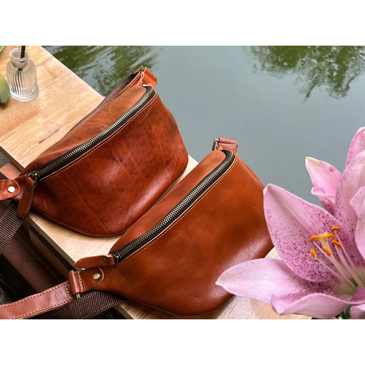Túi đeo chéo Nam Nữ - Túi Bao tử da bò màu vàng bò NHẬP KHẨU CAO CẤP BY LEATHER – 7