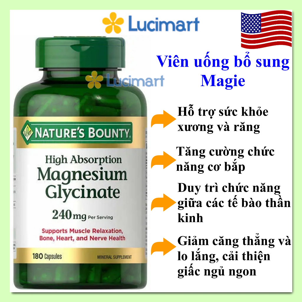 Viên Uống Bổ Sung Magie Magnesium Glycinate 240mg Nature S Bounty Hũ 180 Viên [hàng Mỹ] Shopee