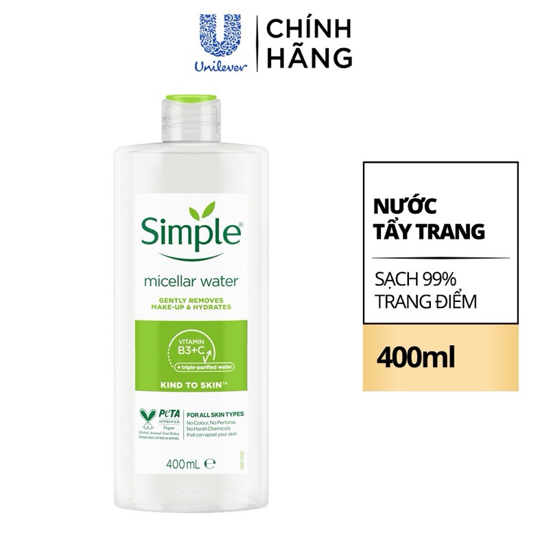 Nước tẩy trang Simple Micellar làm sạch trang điểm vượt trội và cấp ẩm tức thì cho da 200ml, 400ml