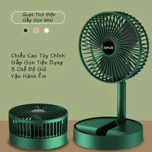 Quạt Tích Điện SUPER Gấp Gọn, Quạt Mini Để Bàn Xoay 180 Độ, 3 Tốc Độ Gió, Cổng Sạc USB