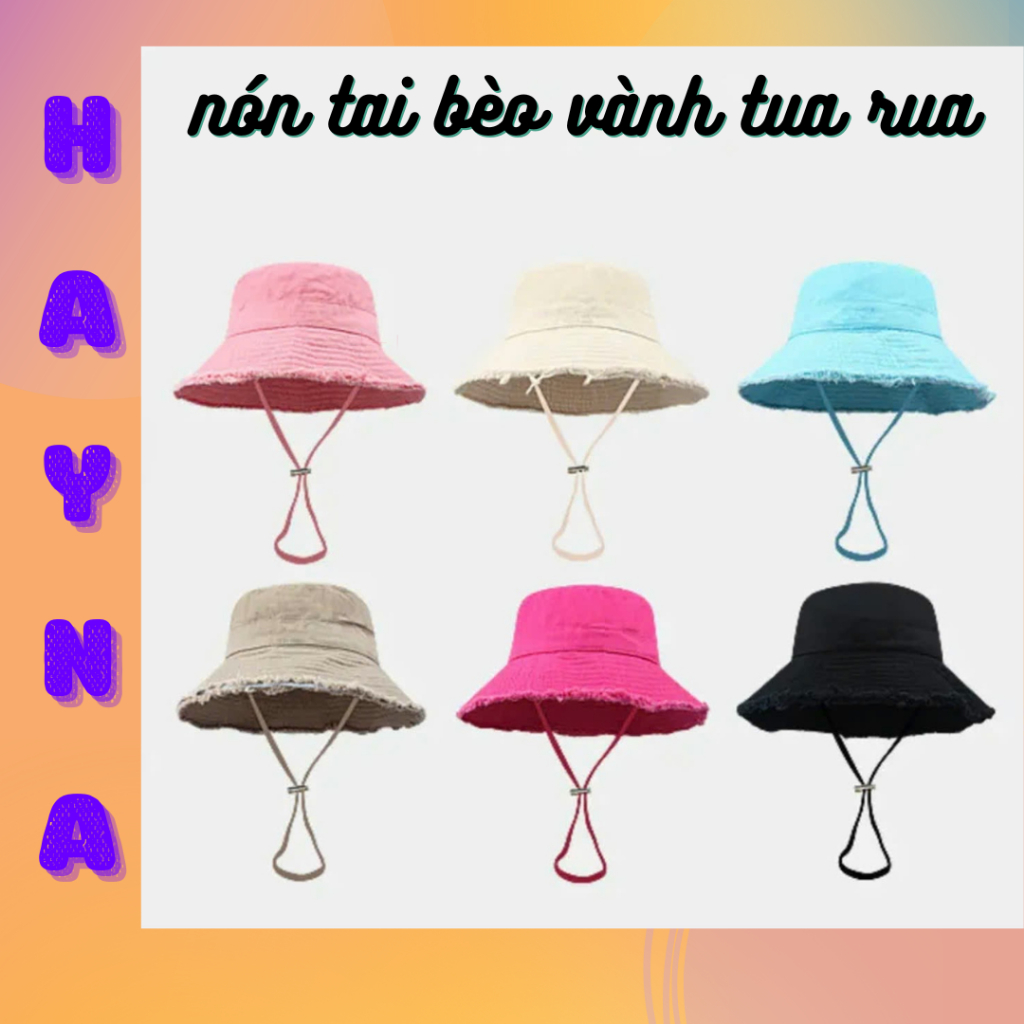 Mũ tai bèo vành rách, nón bo tua có dây siêu xinh trơn, Hayna Hats ...