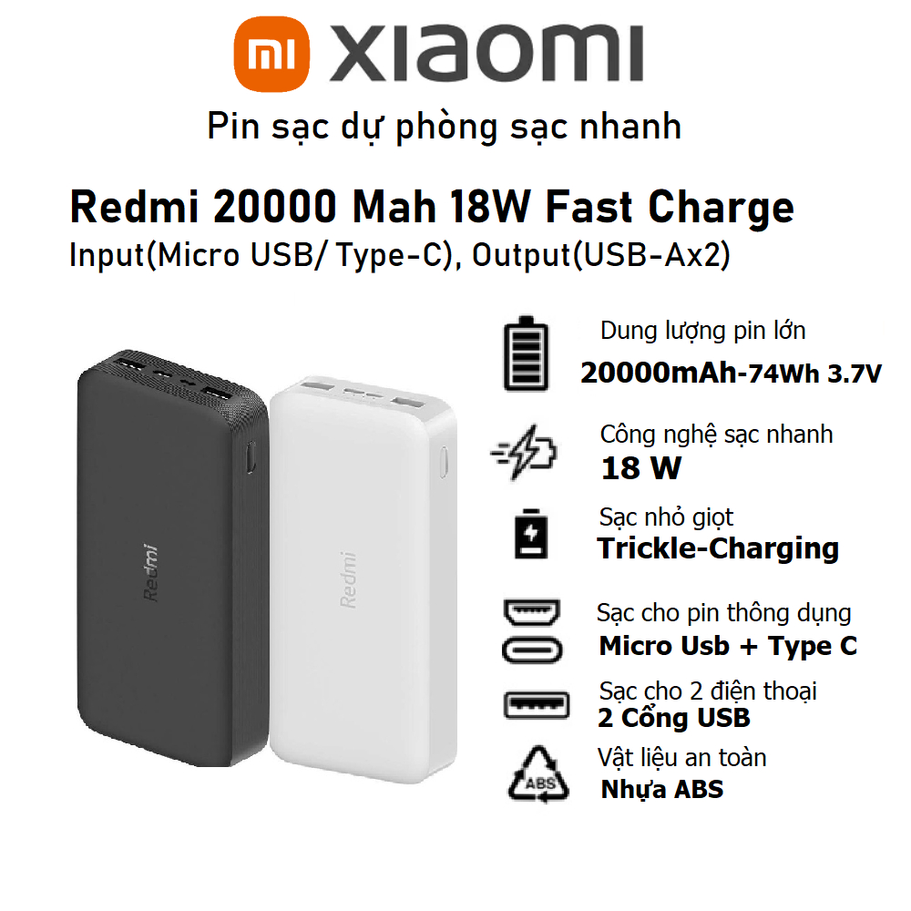 Pin sạc dự phòng Xiaomi Redmi 20000 Mah 74Wh/3.7V Sạc nhanh 18W (Cổng ...