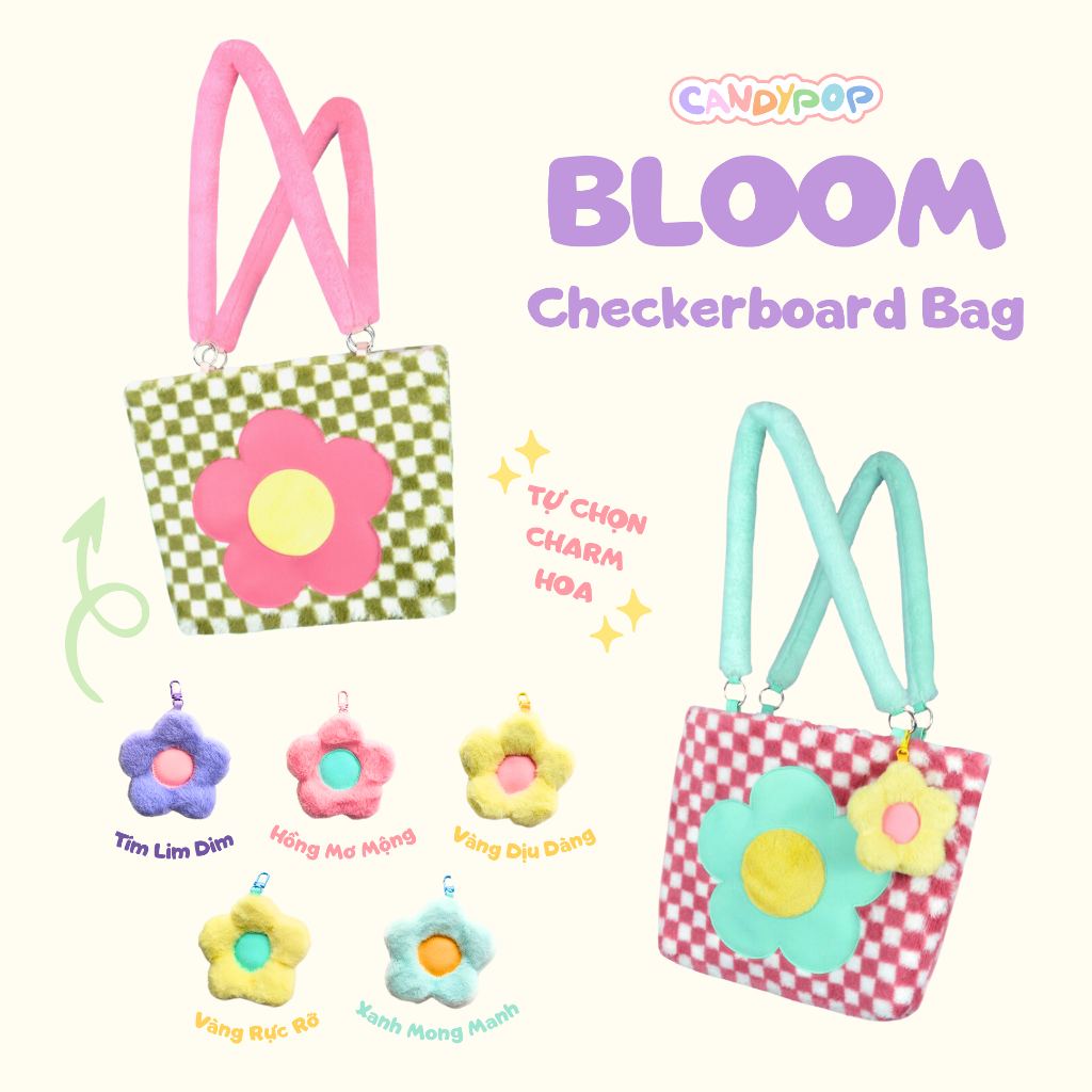 Checkerboard bag BLOOM - Túi tote vải lông phối da hoạ tiết bông hoa