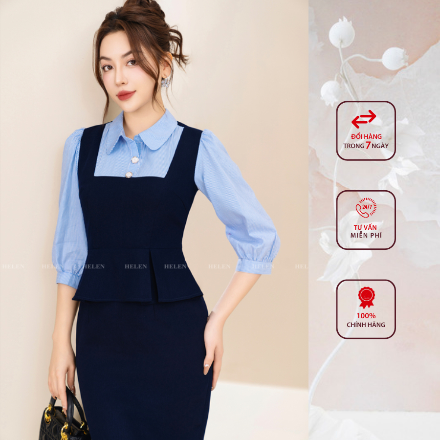 Đầm công sở HELEN thiết kế dáng ôm màu xanh than phối sọc cổ đức DL143