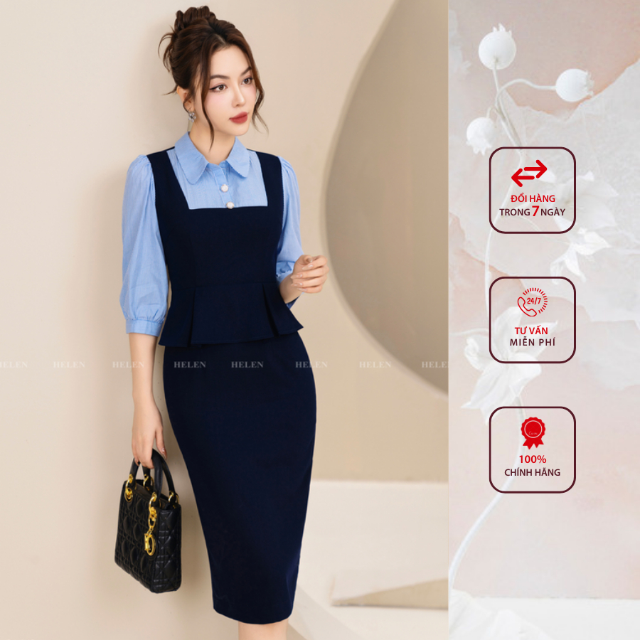 Đầm công sở HELEN thiết kế dáng ôm màu xanh than phối sọc cổ đức DL143