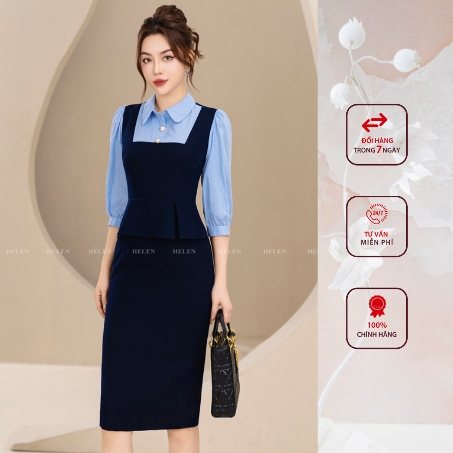 Đầm công sở HELEN thiết kế dáng ôm màu xanh than phối sọc cổ đức DL143