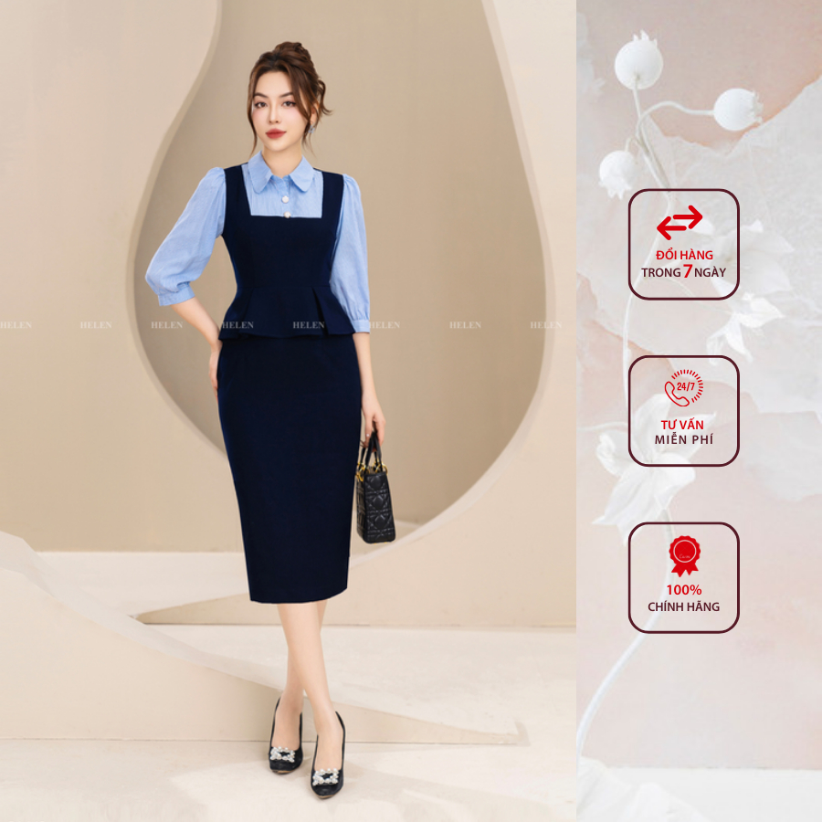 Đầm công sở HELEN thiết kế dáng ôm màu xanh than phối sọc cổ đức DL143