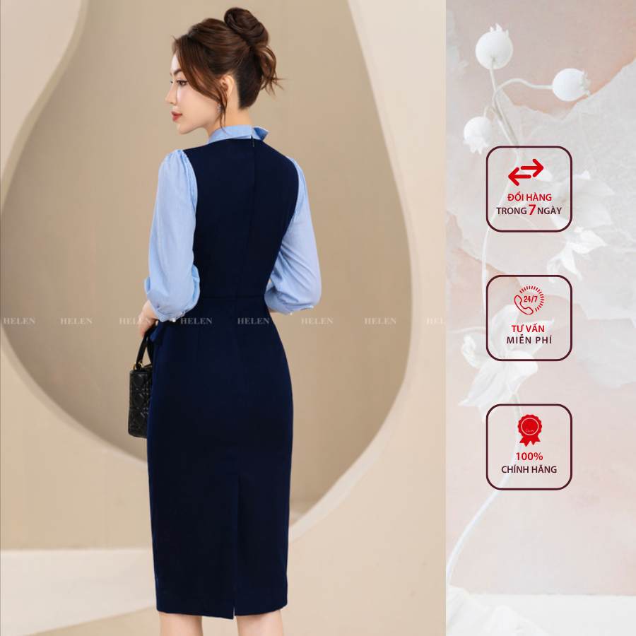 Đầm công sở HELEN thiết kế dáng ôm màu xanh than phối sọc cổ đức DL143