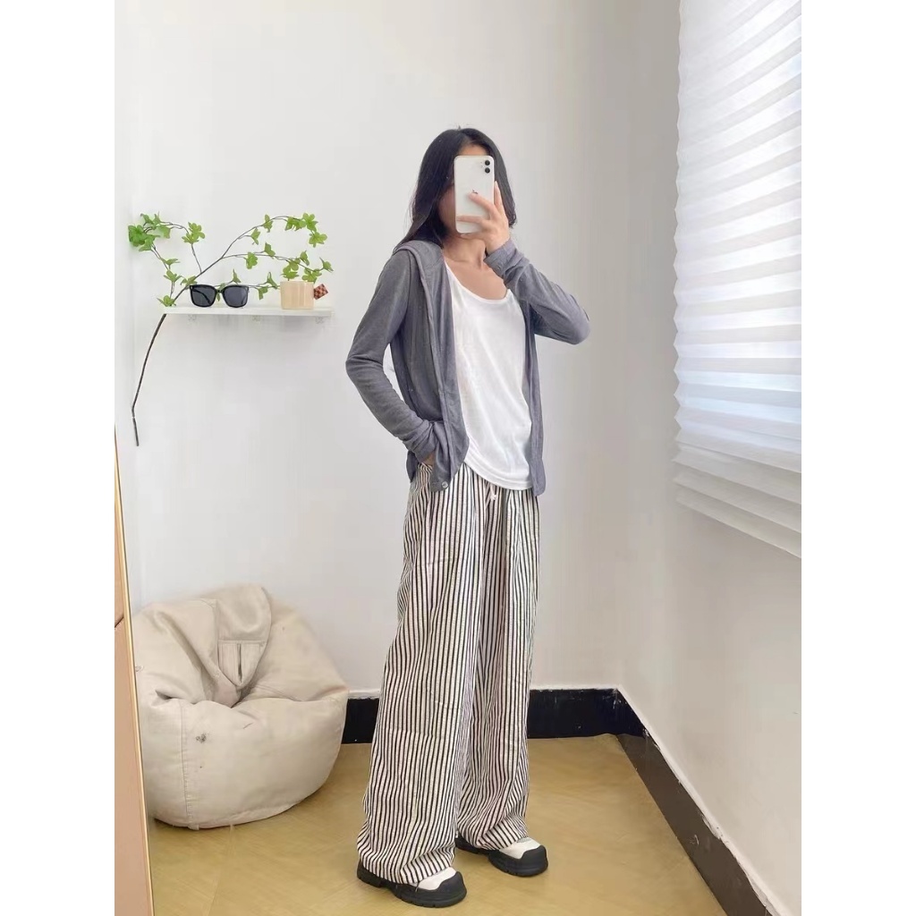 Quần Ống Rộng Nữ Dáng Suông Chất ĐũiThô Nhăn Họa Tiết Kẻ Sọc Lên Dáng Siêu Xinh