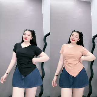 Áo thun nữ bigsize tay ngắn cổ tim bo sườn dáng croptop chất liệu thun gân tăm co giãn tốt thấm hút mồ hôi xinh xắn A40