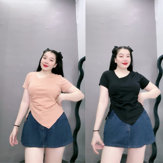 Áo thun nữ bigsize tay ngắn cổ tim bo sườn dáng croptop chất liệu thun gân tăm co giãn tốt thấm hút mồ hôi xinh xắn A40