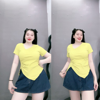 Áo thun nữ bigsize tay ngắn cổ tim bo sườn dáng croptop chất liệu thun gân tăm co giãn tốt thấm hút mồ hôi xinh xắn A40