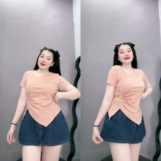 Áo thun nữ bigsize tay ngắn cổ tim bo sườn dáng croptop chất liệu thun gân tăm co giãn tốt thấm hút mồ hôi xinh xắn A40