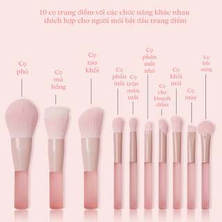 Bộ cọ trang điểm cá nhân mini SURI màu Hồng nude gồm 10 cọ kèm theo túi da và ống cắm