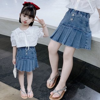 Chân váy jean bé gái có quần bảo hộ, chân váy xếp ly bé gái form 10-30kg