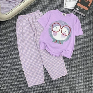 Sét bộ nữ áo cotton khô 3158 mix quần kẻ baggy_bé dễ thương